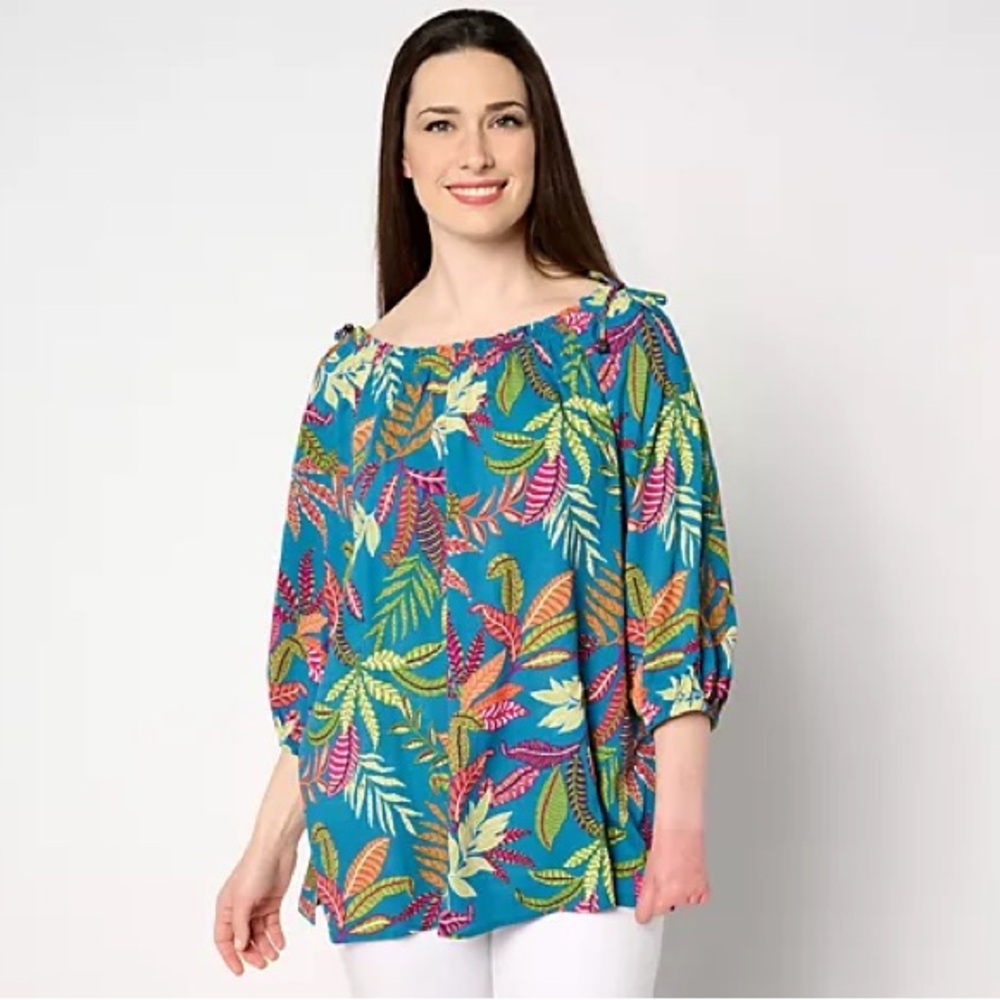 Susan Graver Vibrant Leaf Print Blouse - Blue and Pink